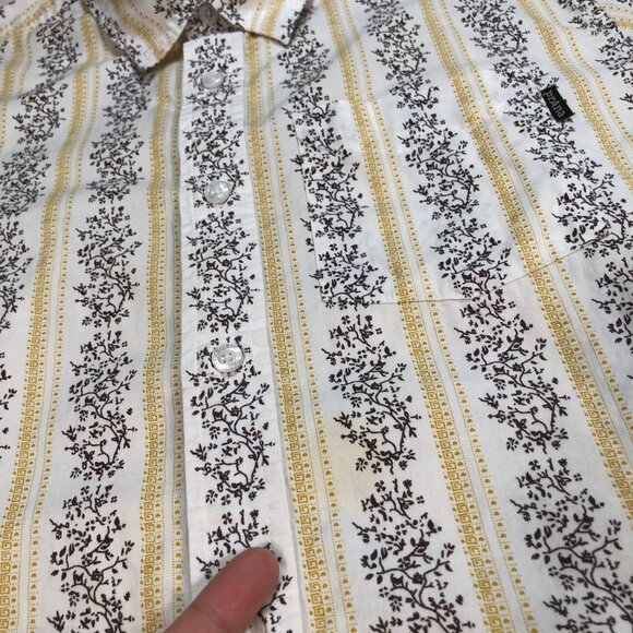 Prana Shirt Mens S White Yellow Floral Stripes Pocket 100% Cotton Button Up Logo - Picture 12 of 14